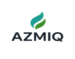 Modern logo with AZMIQ text and green-blue stylized leaf emblem on black background